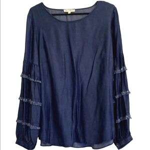 Jane and Delancey Blue Denim Chambray Fringe Boho Blouse Tiered Long Sleeve EUC